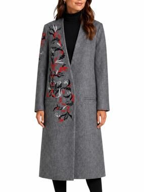 Kimora Lee Simmons Wool Blend Embroidered Long Coat Gray Size 4